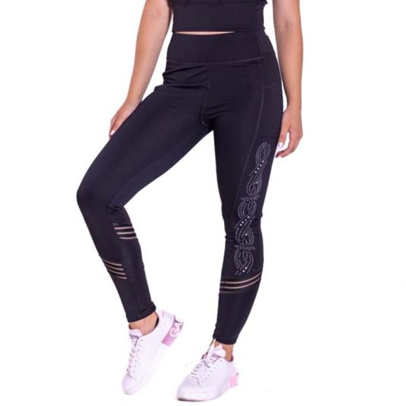 High-Waisted & Mash Panel & Rhinestoned Leggings with Side Pockets Black - Picture 1 of 7